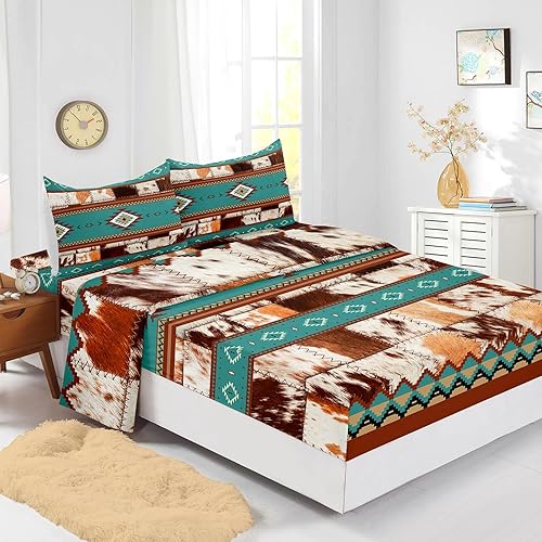 Miniatura 3 de Axolotl Juego de ropa de cama de cuero de vaca marrón occidental, sábanas de vaca de las tierras altas, sábana encimera de tribu bohemia, juego de