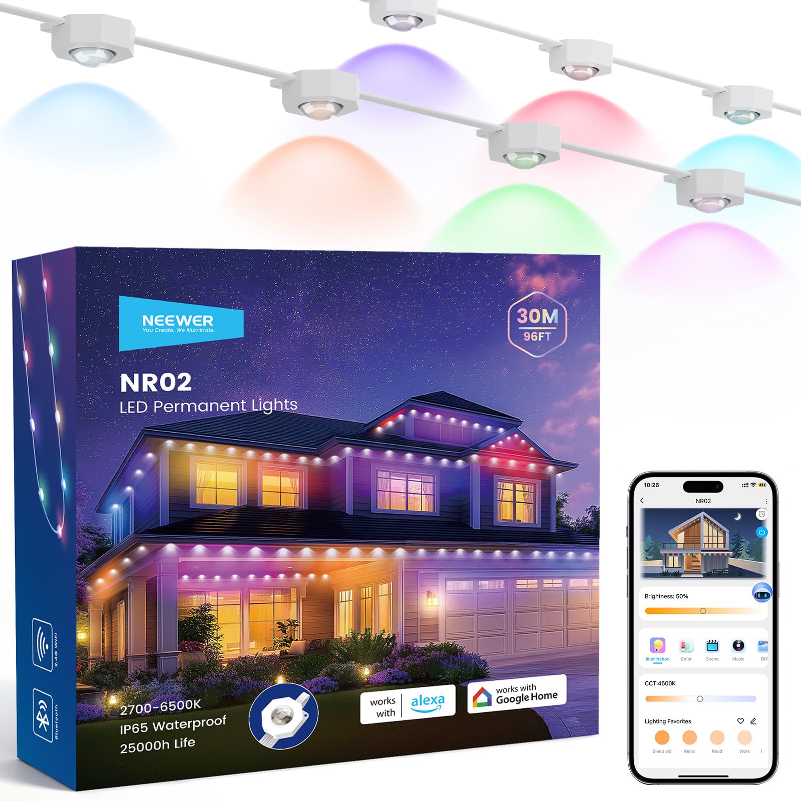 NEEWER 96ft Permanent Outdoor Lights for House Decor, Smart AI