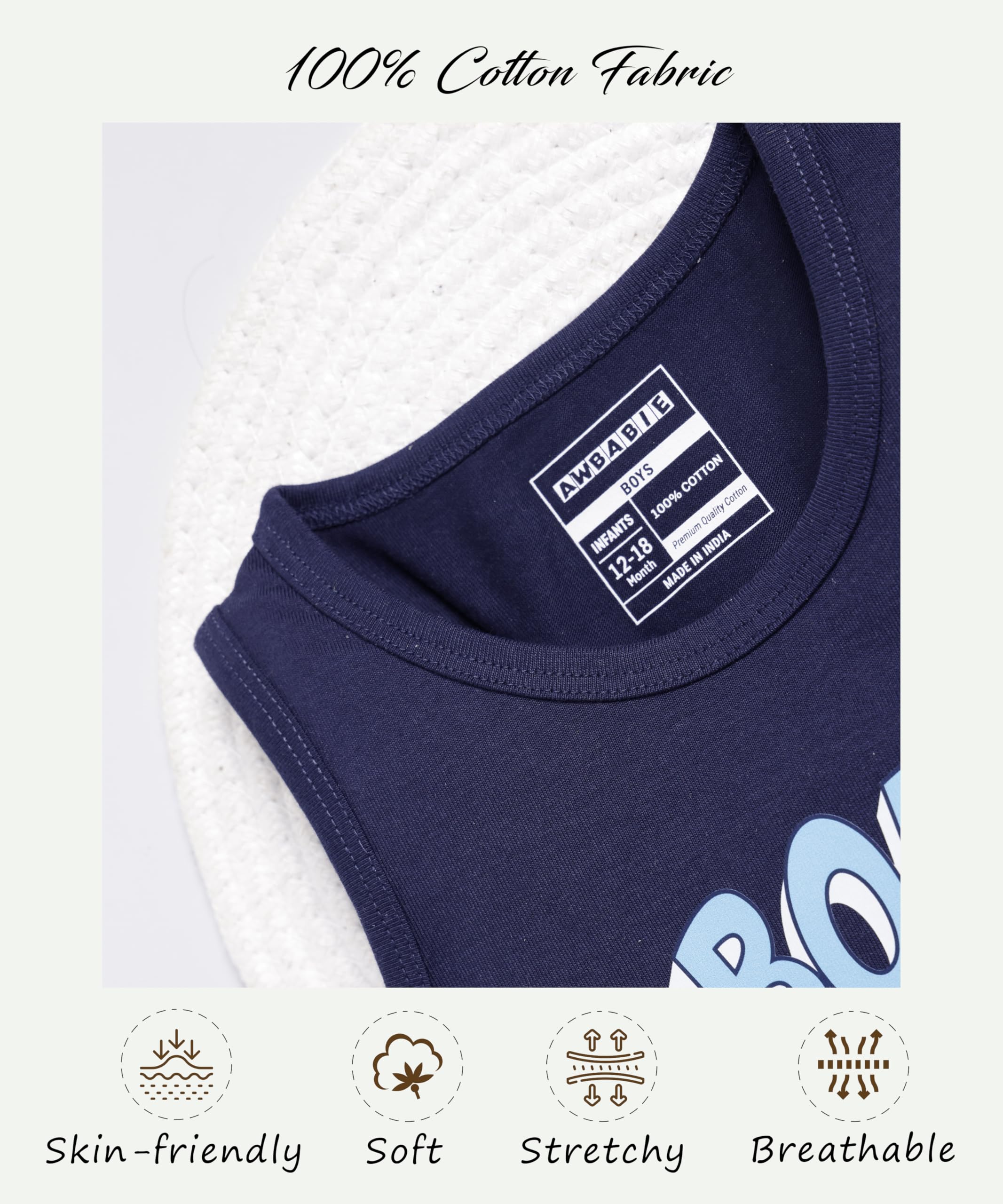 Awbabie Infant Boys' Sleeveless Top | 100% Cotton | Bio-Wash | 180 GSM Jersey | Soft & Gentle | Playful Graphic Print | Stylish & Comfortable | Naval Academy | 6-9M - Image 3 thumbnail