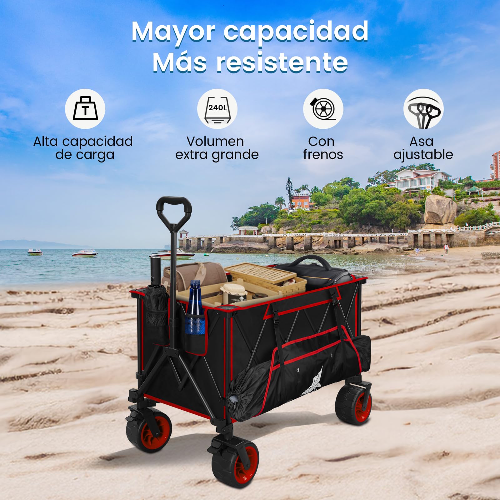 WOLTU Wózek składany, wózek transportowy XXL, składany, wózek ręczny z hamulcami do wszystkich terenów, wózek plażowy, wózek ogrodowy, wózek kempingowy, obciążenie do 240 l, 120 kg, czarny + czerwony