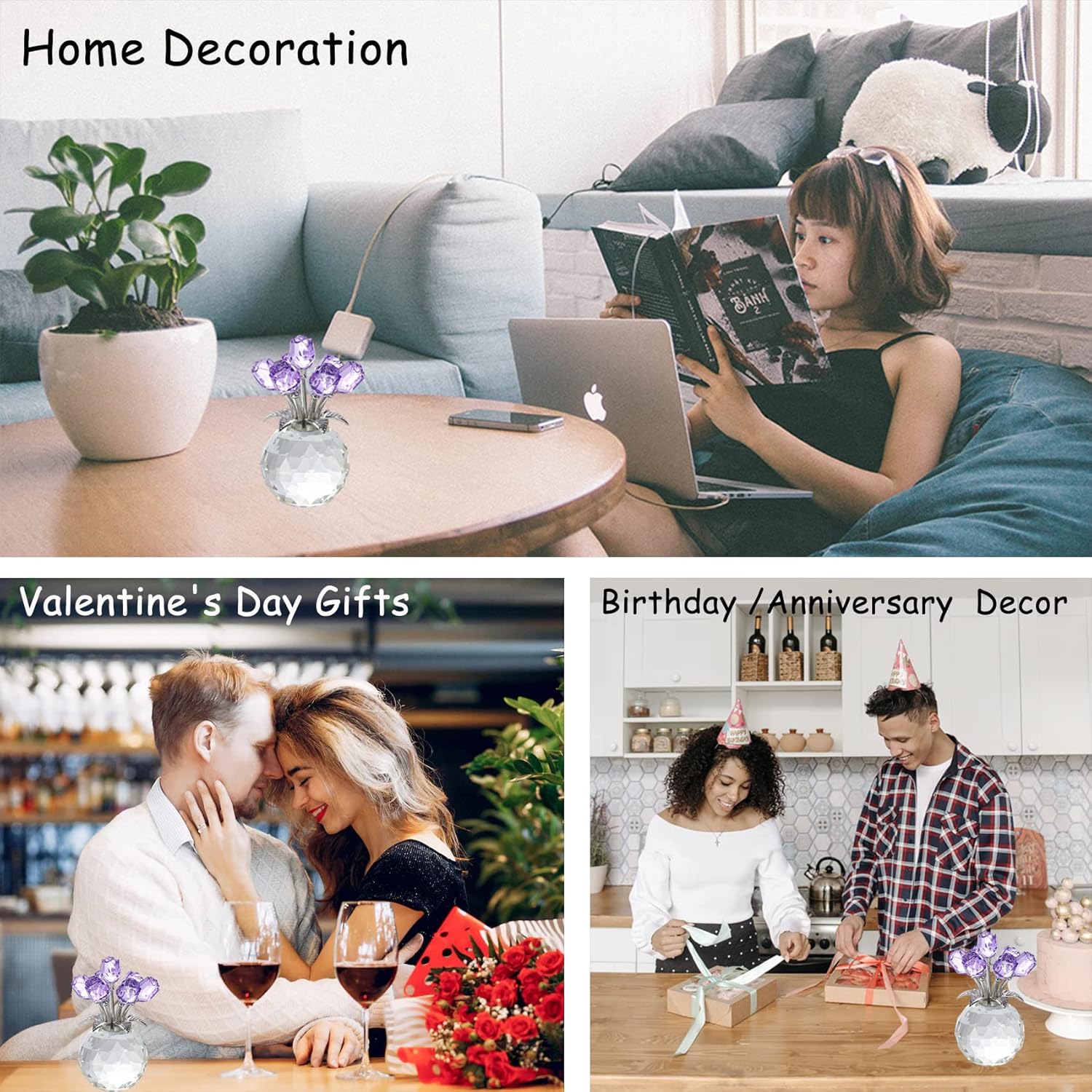 Purple Rose Flower Crystal Figurine with Vase, Bouquet Flowers Ornament Gifts for Wife Girlfriend Women , Handmade Crystal Flower Collectible Home Table Decor for Valentine's Day Wedding Anniversary - Image 4