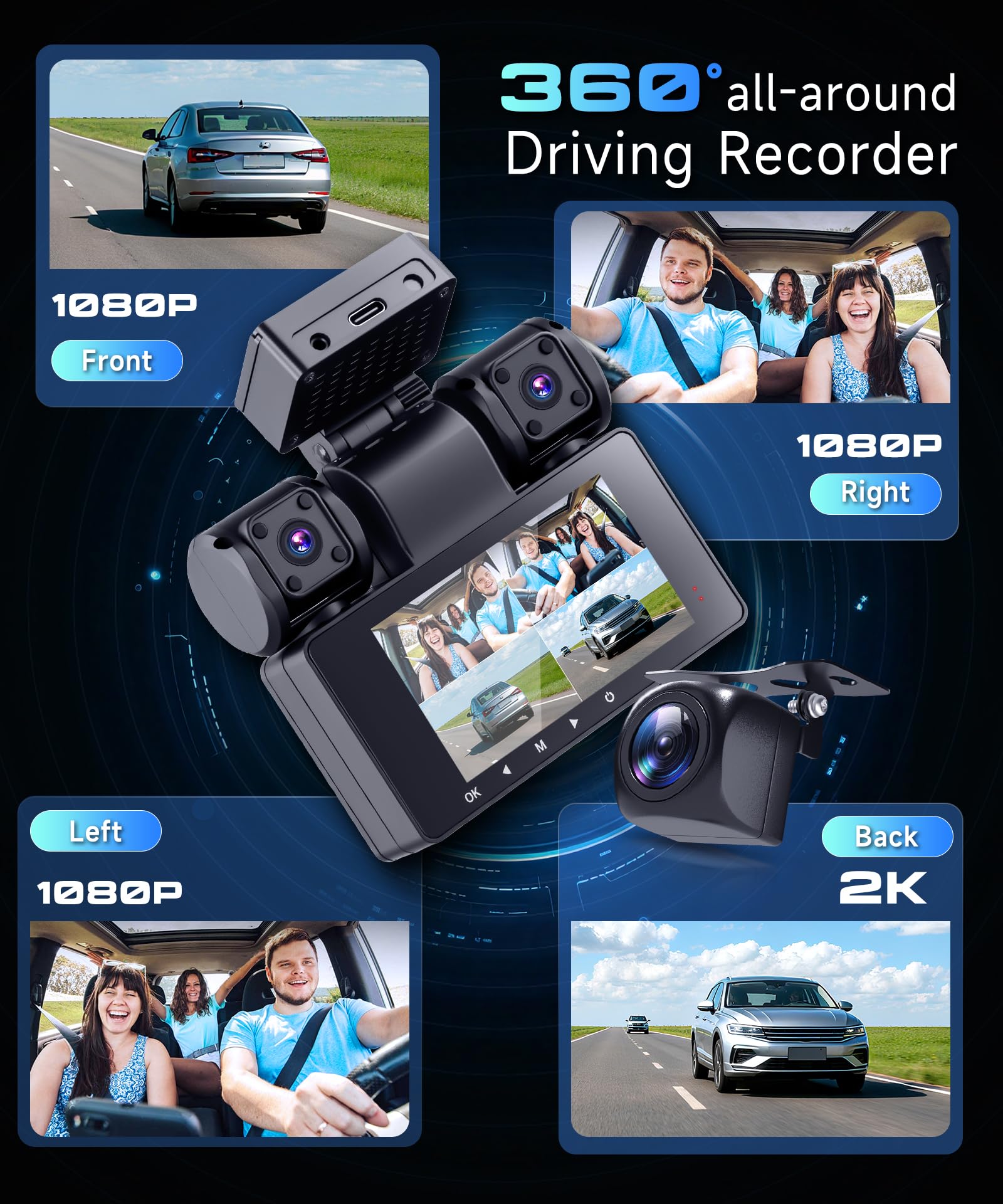 VECHTEL Cámara de salpicadero 2K para Coche, Delantera y Trasera,con WiFi, 4 cámaras de salpicadero 1080P,Pantalla IPS de 3 Pulgadas, visión Nocturna, Sensor G,360 ​​Grados,con Tarjeta SD de 64 GB