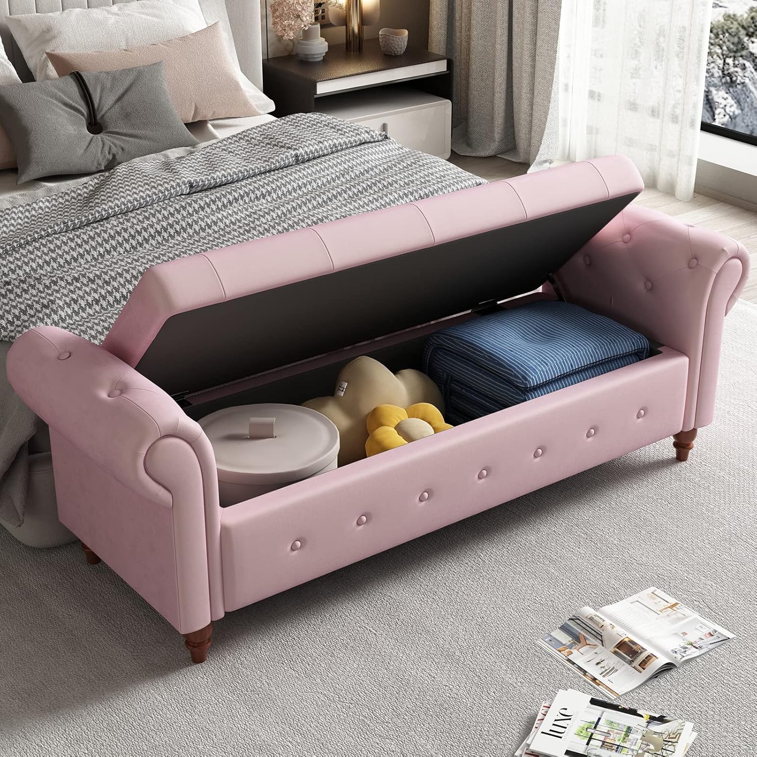 63" Velvet Rolled Arm Storage Ottoman Bench, Modern Tufted Storage Bench for Bedroom End of Bed, Rolled Arm Upholstered Storage Bench with Solid Wood Legs for Living Room, Bedroom, Entryway, Pink