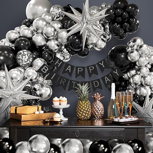Miniatura 6 de FOTIOMRG Kit de arco de guirnalda de globos negros y plateados con 3 globos Starburst, globos metálicos plateados y negros para cumpleaños,