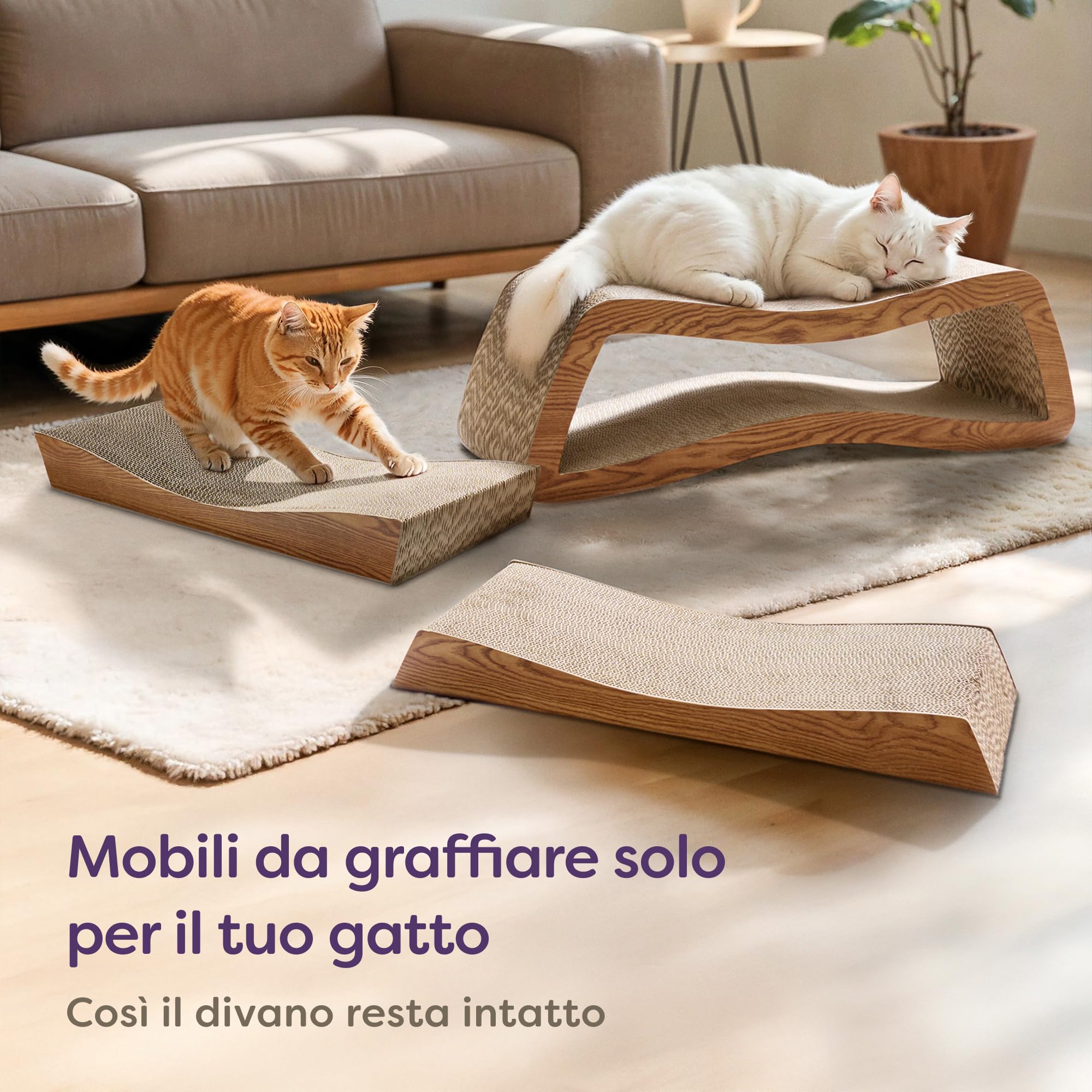 Knupis Tiragraffi Gatto 3 Pezzi XXL 75 cm – Cartone Resistente per Cura delle Unghie – Fino a 2 Anni di Utilizzo – Salvaspazio – Protegge Divani e Mobili (Mountain- Marrone)