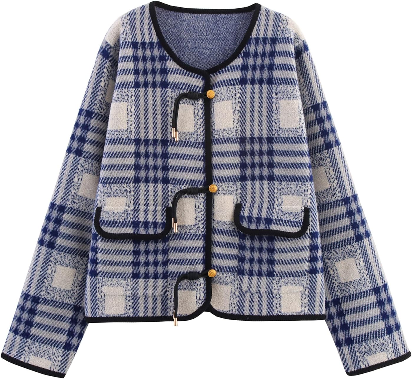 KEOMUD Women Vintage Cardigan Sweater Plaid Knit Jacket with Pockets Elegant Casual Outwear Coat for Fall Winter