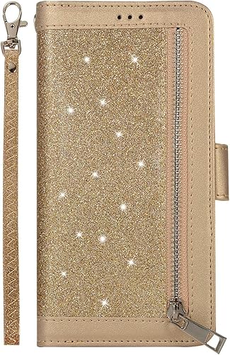 DENDICO iPhone HA lle Flip Glitzern HandyhA lle Magnetisch SchutzhA lle  Brieftasche Kartenfach Geldklammer Standfunktion fA r Apple iPhone Gold