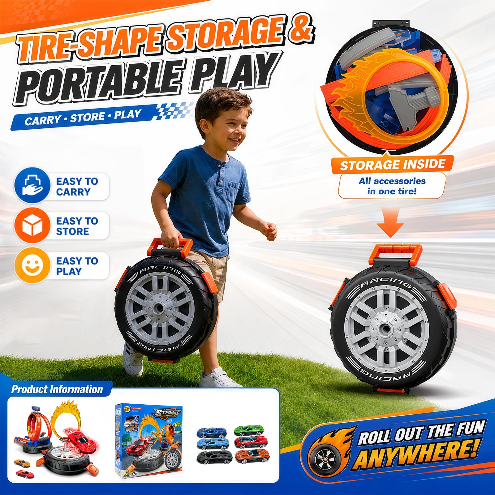 Ronronner Circuit Voiture Transformable avec Boucle 360° & Anneau de Feu – Circuit Voiture Enfant Flexible, 6 Mini Voitures, Auto Spielzeug Circuit Électrique sans Pile pour Garçons