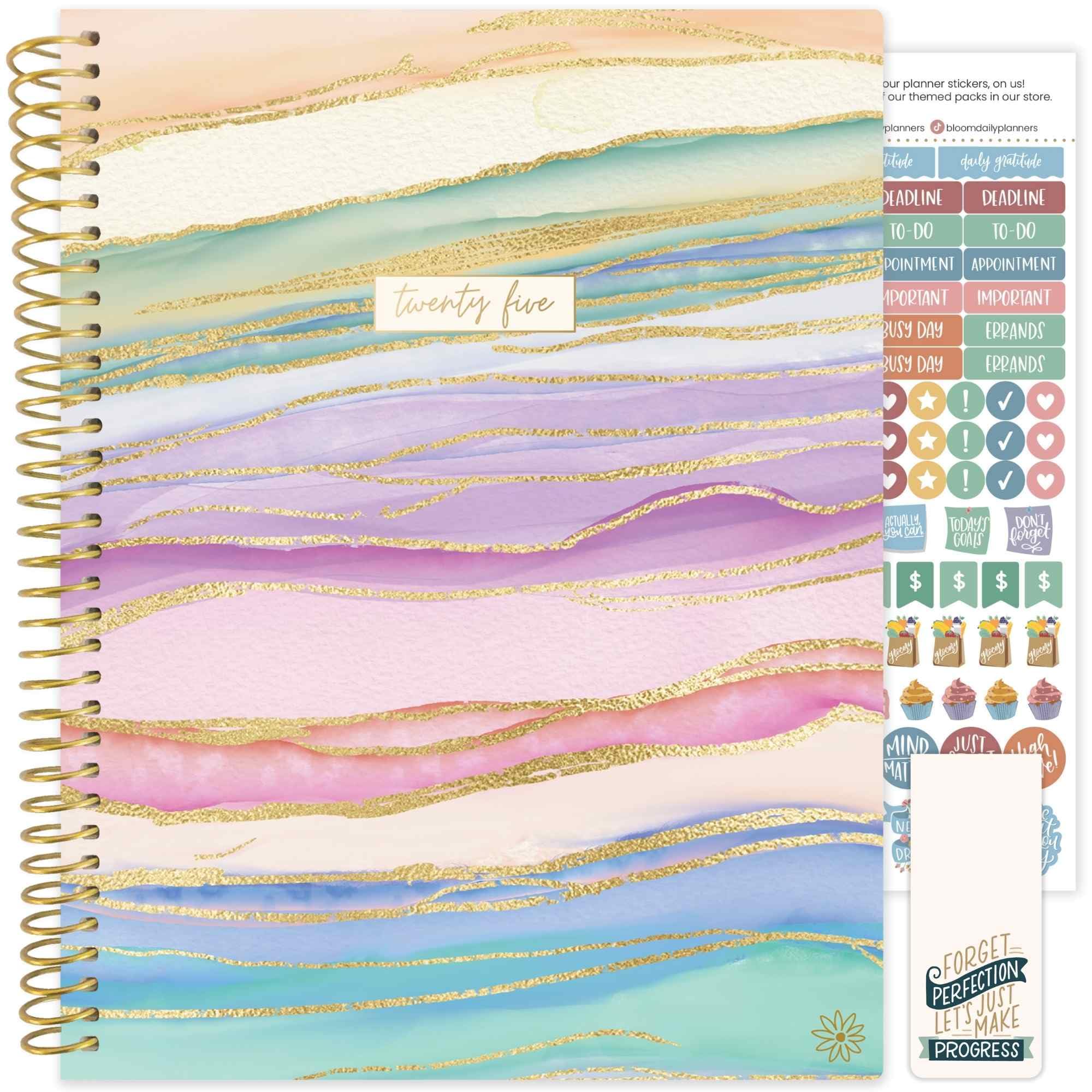 bloom daily planners Calendrier annuel 2025 (21,6 x 27,9 cm) (janvier 2025 à décembre 2025) – Agenda hebdomadaire/mensuel daté avec autocollants et onglets – Vagues aquarelle