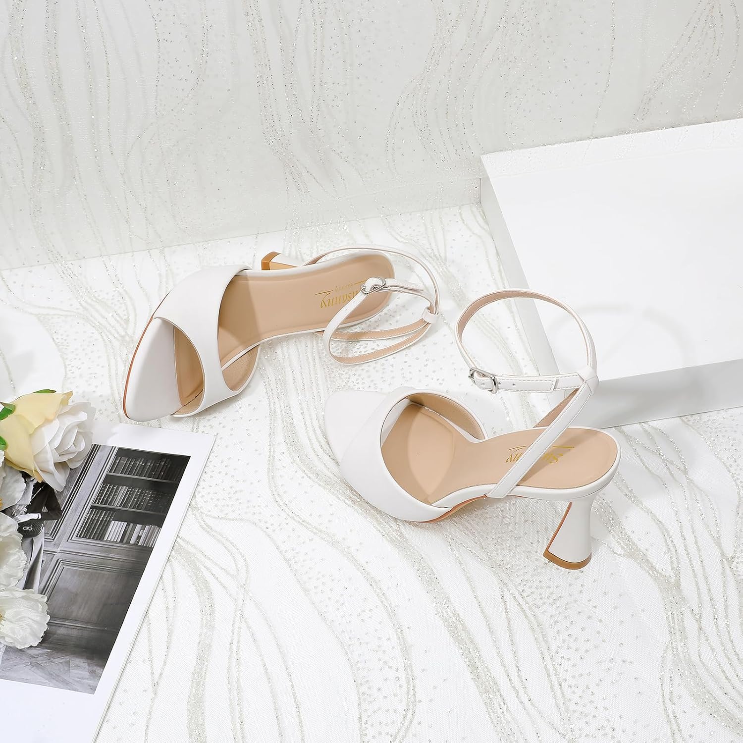 Condition photo showing New/Like New for susanny high heels for women pointed open toe strappy chunky block heels ankle strap stiletto kitten heeled sandals wedding bridal party prom sexy dress shoes 9 white
