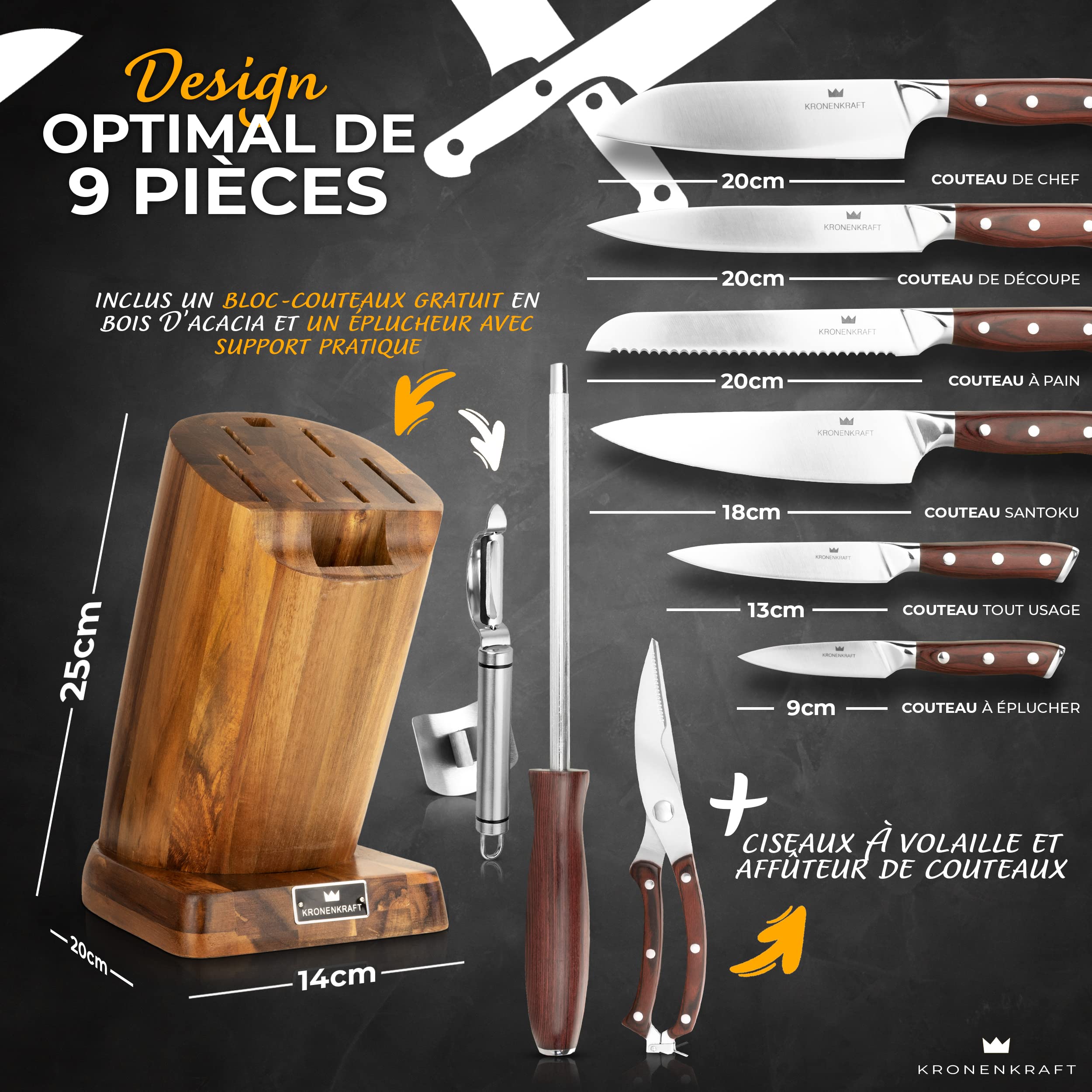 Set de Couteaux KRONENKRAFT® de 9 Pièces - Inclut Couteau de Chef, Couteau Santoku, et Plus - Fabriqué en Acier Allemand, Manche en Bois Pakka - Idéal pour Cuisine Professionnelle