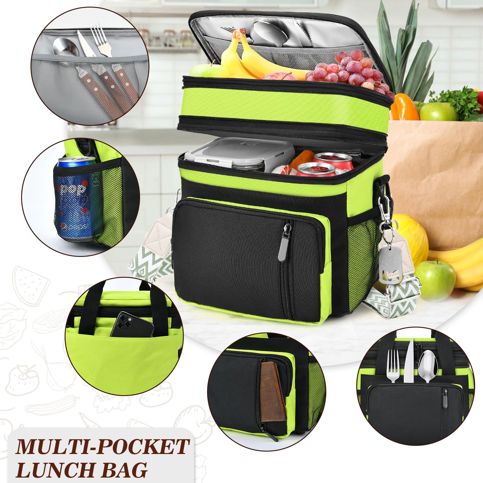 LOKASS Borsa termica per il pranzo da donna/uomo, 16L, espandibile, a doppio strato, a tenuta stagna, con tracolla regolabile, ideale per lavoro/viaggi/picnic (verde fluo)