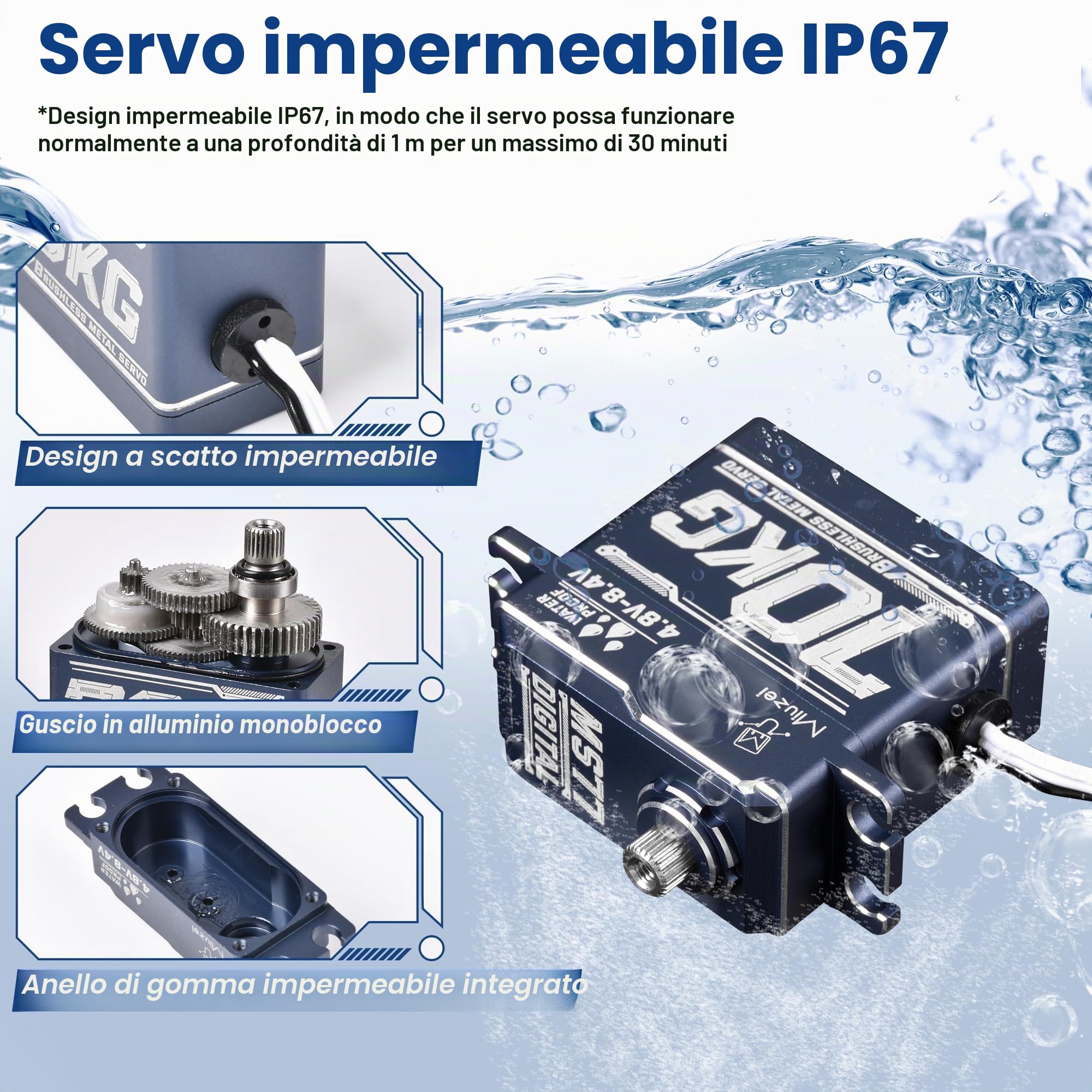 Miuzei Servo RC Servo 70 kg 180° Digital servomotore High Torque Metal Gear per 1/10 1/8 1:7 Auto RC Car Boot Aereo Impermeabile 4,8 – 6,0 – 8,4 V CNC Metallo Standard Servo con cavo 25T