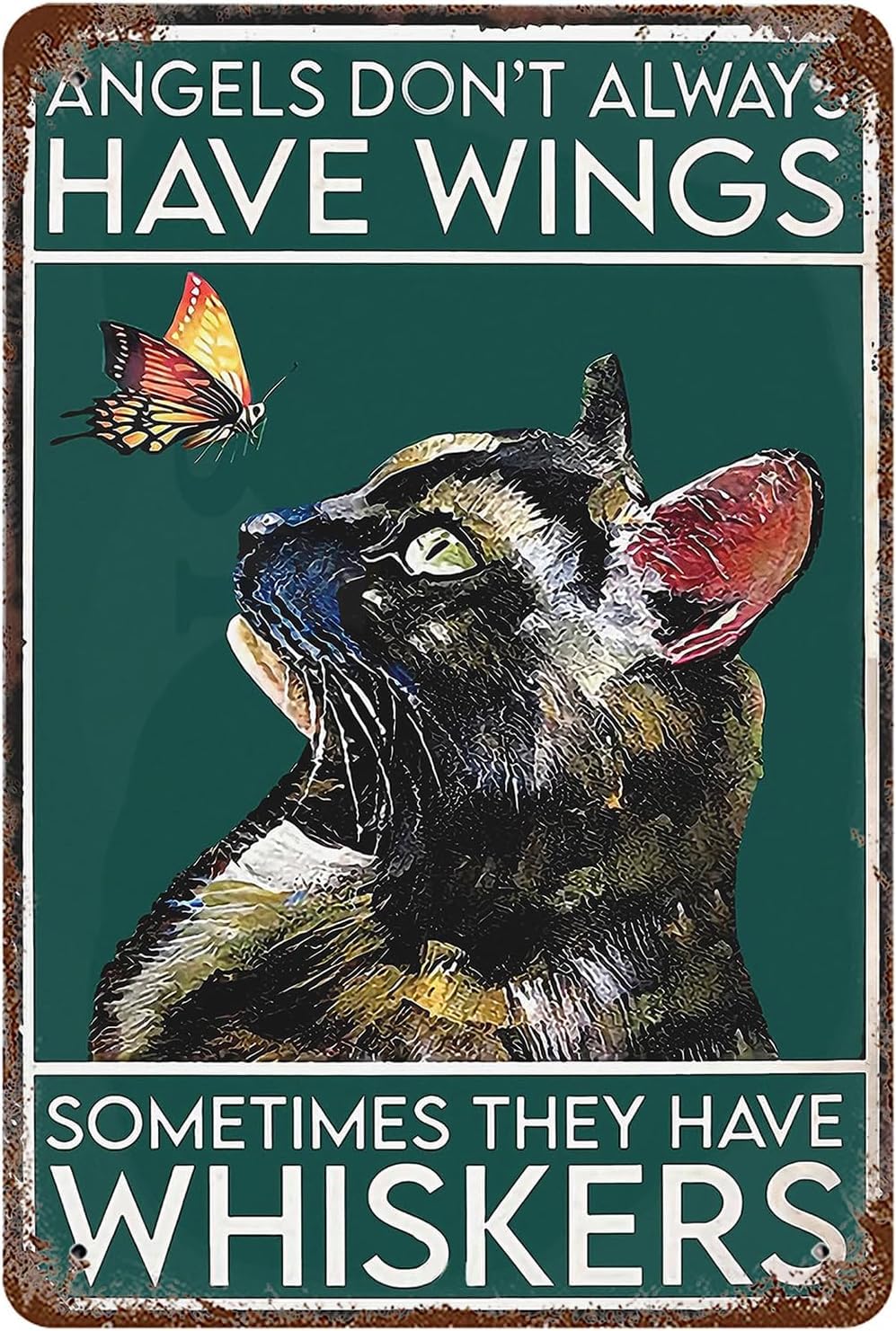 Metal Tin Sign 8x12, Vintage Funny Tortoiseshell Cat, Wall Decor Angels Don't Always Have Wings Sometimes Whiskers Poster Art for Home Living Room Bedroom Garden Garage Office Cafe Bar Pub