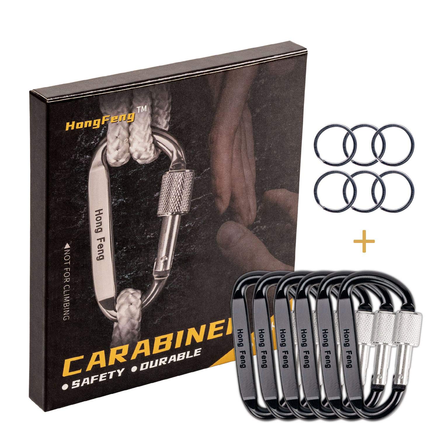 HongFeng 6 Pack Carabiner Clips 3 Inch Aluminum Caribeaners Large Locking D Ring Buckle Carabeaner with Keychain Hook