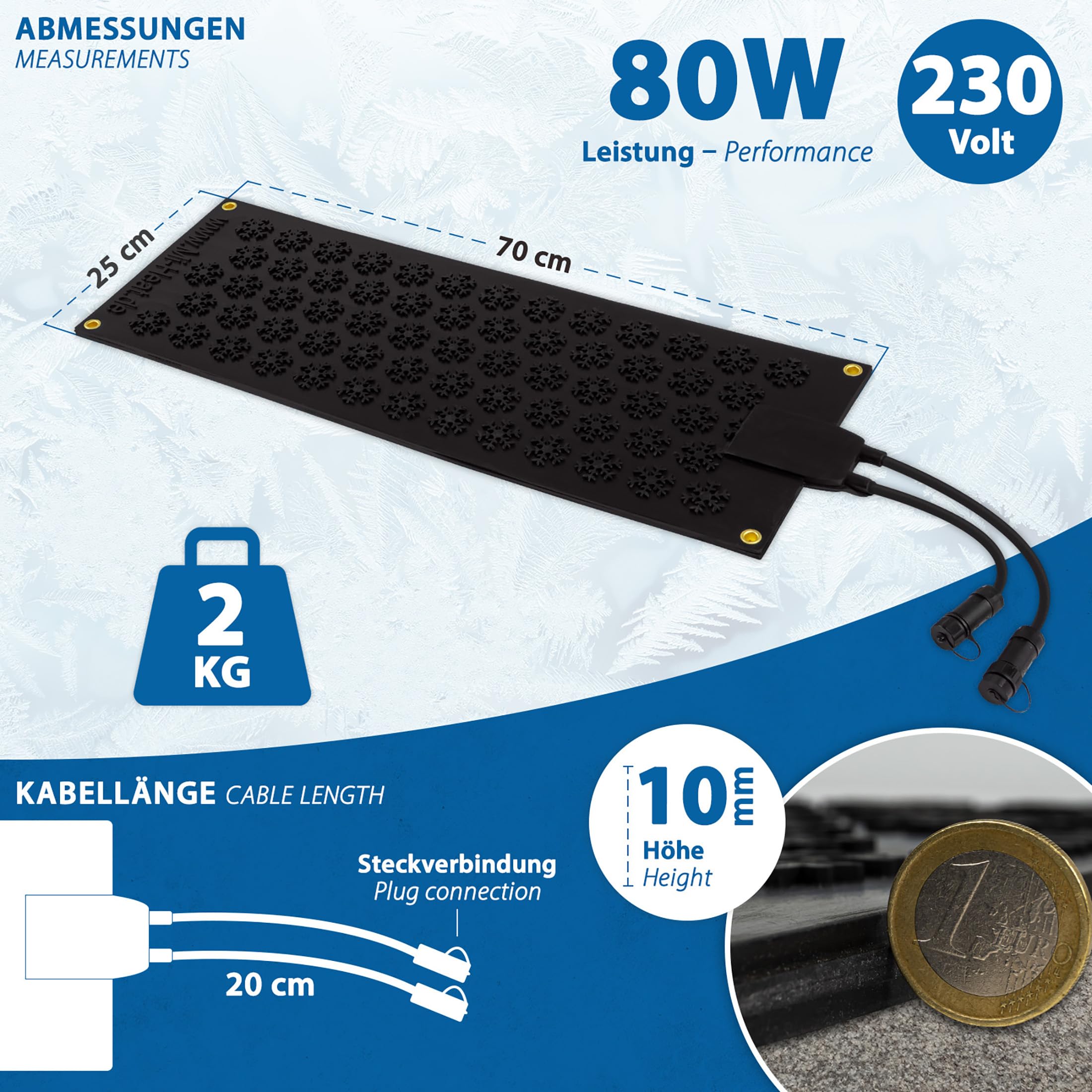 Esterilla calefactora impermeable 25 x 70 cm para exterior + cable de alimentación de 1,8 m para exterior