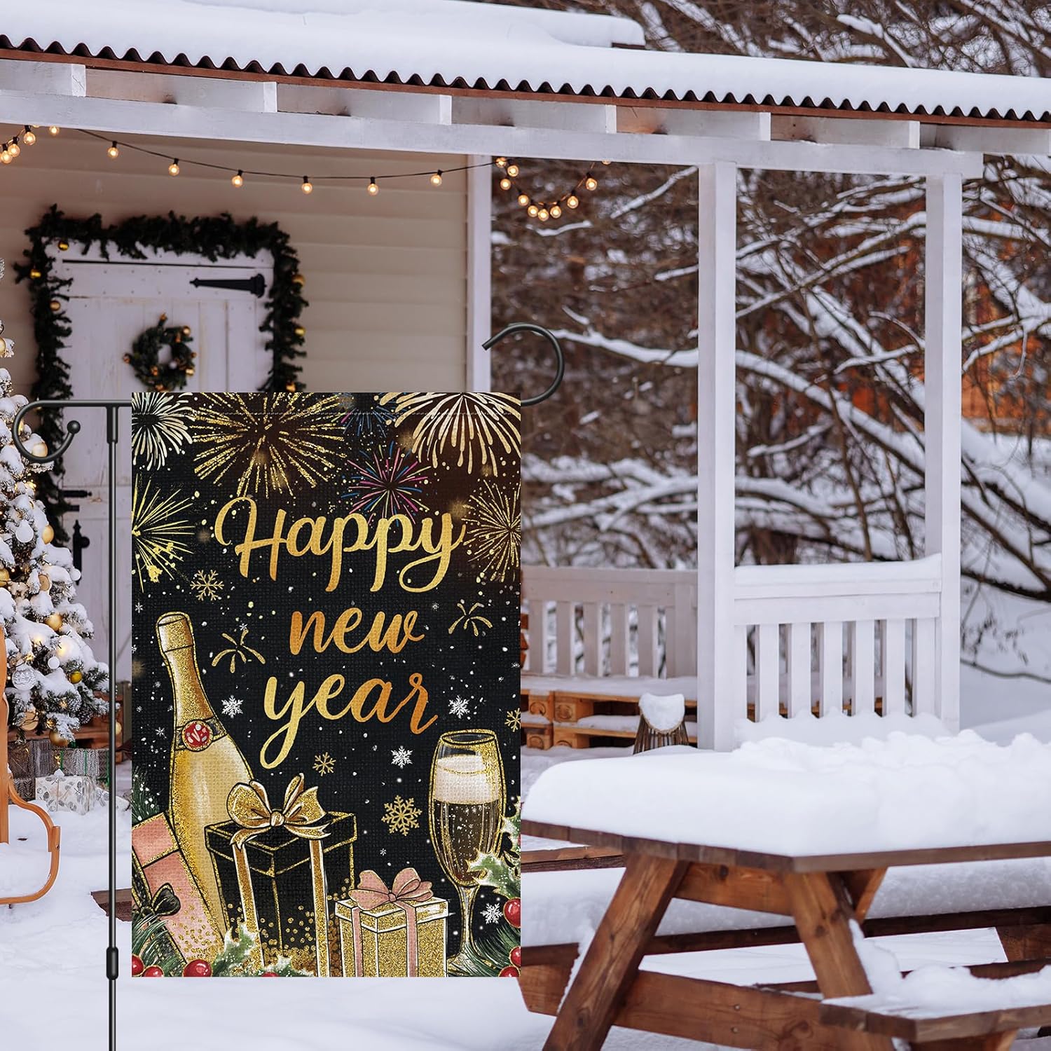 Heyfibro Happy New Year Christmas Firework Garden Flag 12x18 Inch Double Sided Burlap Champagne Celebration Banner for Winter Holiday Party Yard Outdoor Decoration(ONLY FLAG) - Image 2