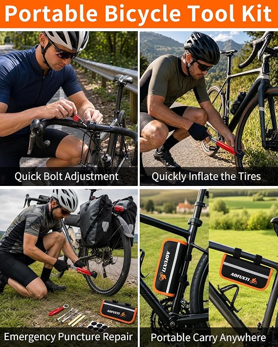 14-Piece Bike Repair Kit with Tire Pump, Portable and Durable | Essential Bicycle Tool kit with 16-in-1 tool, tire patches, 120 PSI pump and reflective bag for Cycling, Camping and Travel