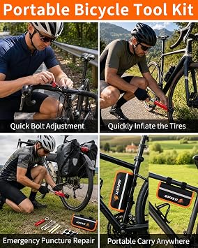 14-Piece Bike Repair Kit with Tire Pump, Portable and Durable | Essential Bicycle Tool kit with 16-in-1 tool, tire patches, 120 PSI pump and reflective bag for Cycling, Camping and Travel