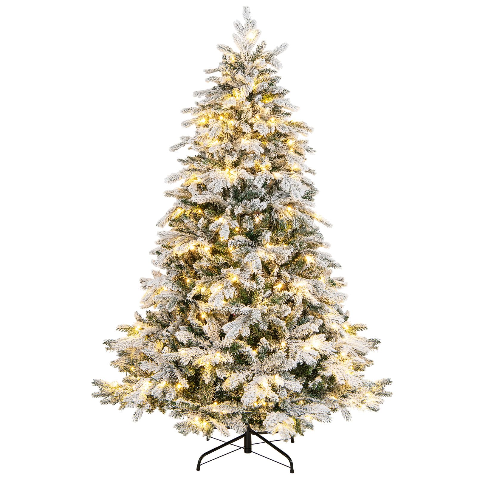 GOFLAME 6 FT Pre-Lit Christmas Tree Snow Flocked, Artificial Christmas Tree with 1415 Branch Tips, 260 Warm White LED Lights & Hinged Connections, Xmas Decoration Tree, Easy Setup, White & Green