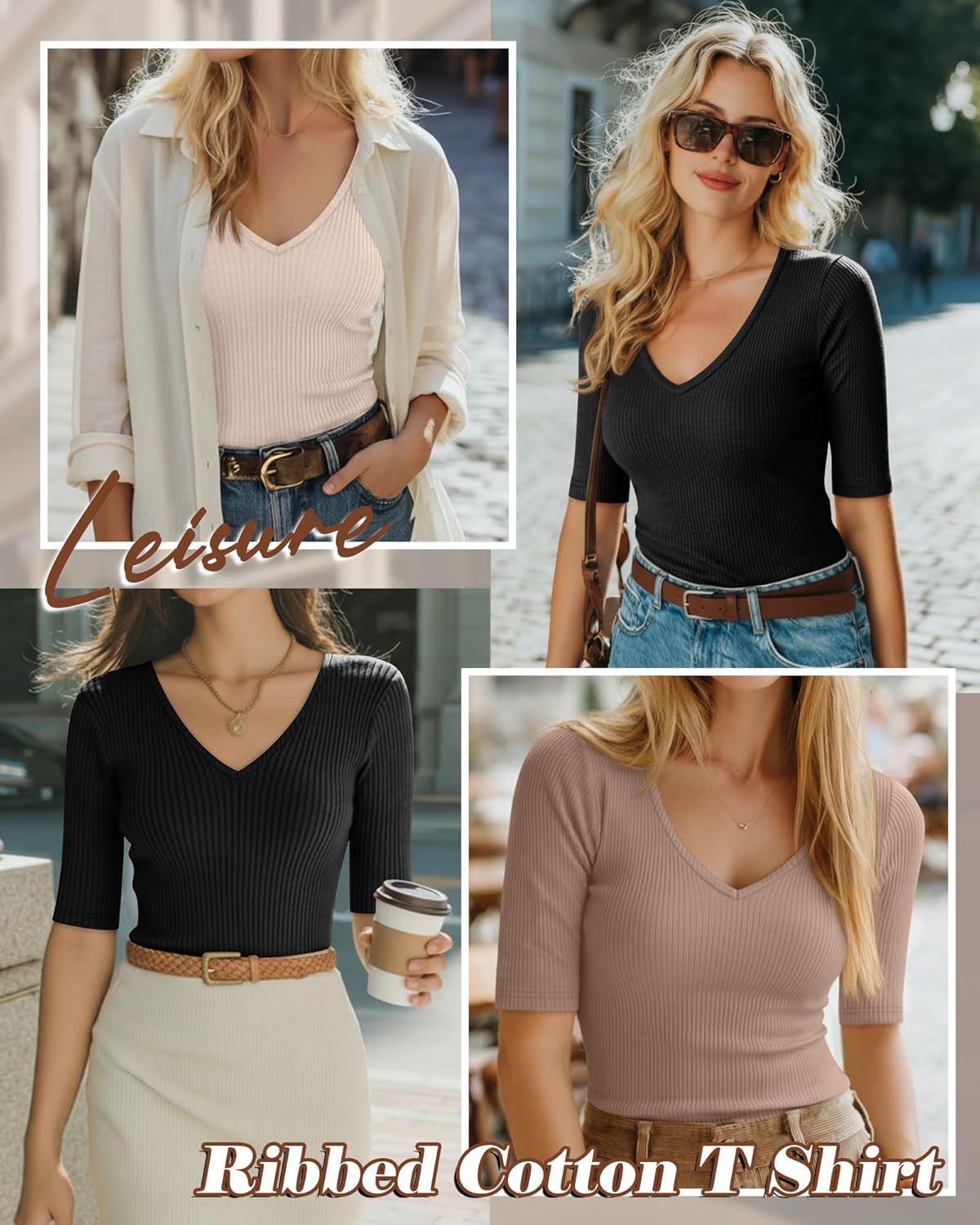 Riyiper 3 Pack Women's Half Sleeve Top Elbow Length Ribbed Cotton T Shirt Women V Neck Summer Tee Slim Fit Casual Blouses - Image 2
