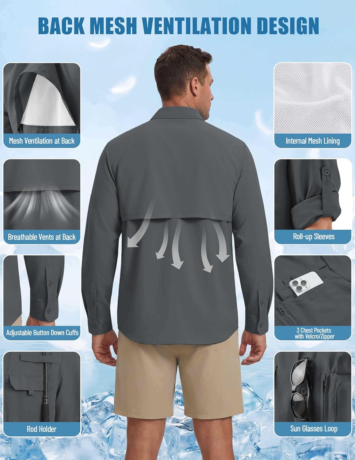 WULFUL Men's Sun Protection Fishing Shirts UPF 50+ UV Lightweight Quick Dry Cooling Button Down Shirts for Work Hiking Safari
