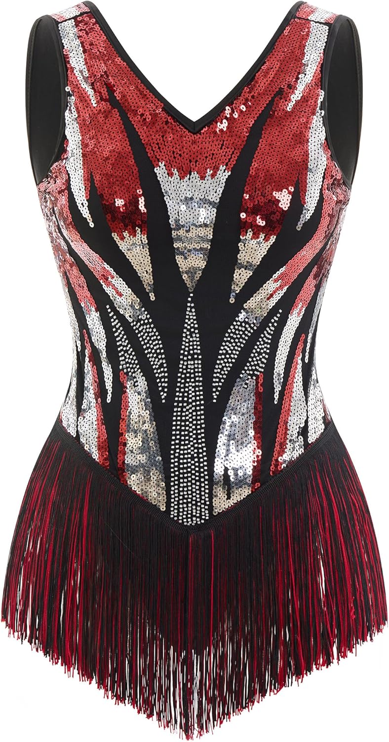 IBAKOM Women Sexy Fringe Bodysuit Open Back Sparkly Sequins Tassel Latin Jazz Dance Outfits Trapeze Acrobat Circus Costume