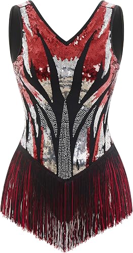 Women Sexy Sequin Fringe Bodysuit Romper Gradient Sparkly Ta
