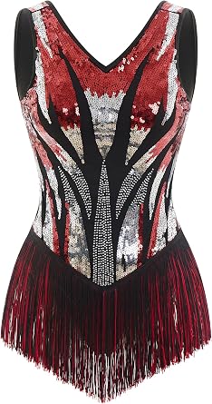 IBAKOM Women Sexy Fringe Bodysuit Open Back Sparkly Sequins Tassel Latin Jazz Dance Outfits Trapeze Acrobat Circus Costume
