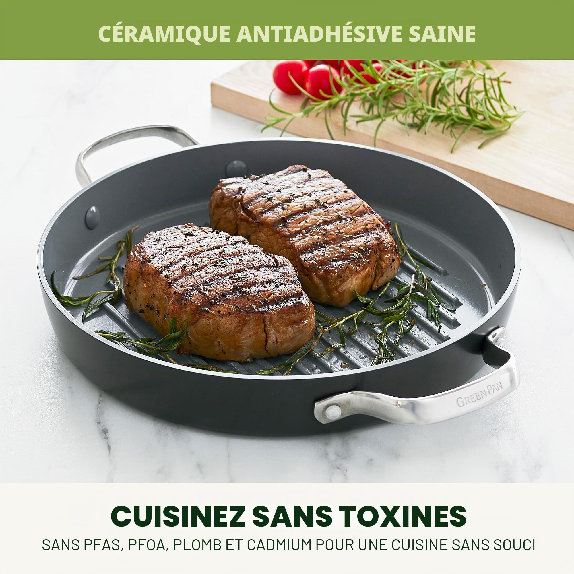 GreenPan Valencia Pro Céramique Anodisée Saine Antiadhésive Poêle à Griller Ronde de 28 cm, Sans PFAS, Induction, Lave-Vaisselle, Four, Gris