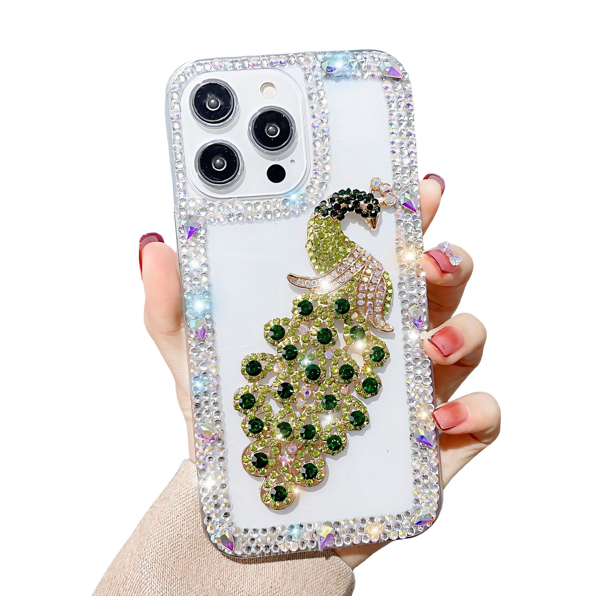 YAOZOCASE for iPhone Case,Luxury Crystal Glitter Peacock Bling Sparkly Diamond Pattern Bumper Camera Lens Protection Soft Shockproof Phone Case (Green