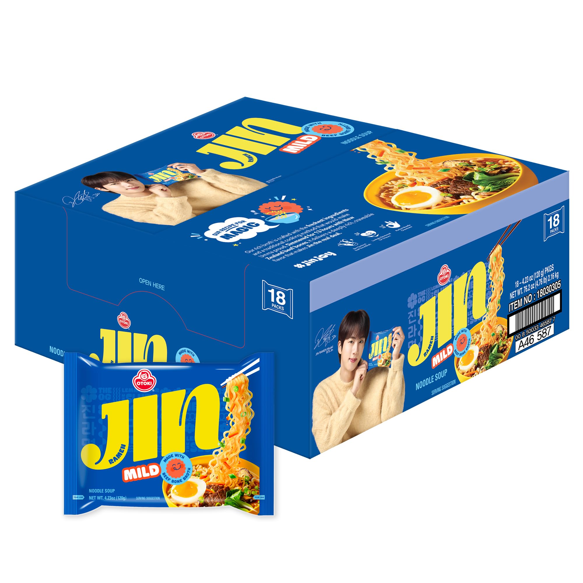 Ottogi Jin Ramen Korean Style Instant Noodle Mild Flavor, Best Tasting Soup Traditional Instant Ramen (120G) -Pack Of 18, The Product Of Korea