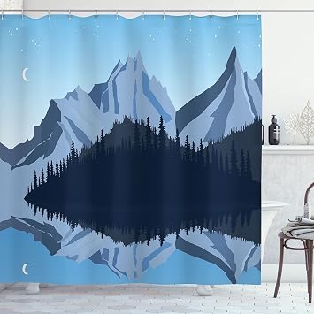Lunarable Landscape Shower Curtain, Mountain Region with Woodland Silhouettes in The Night Idyllic, Cloth Fabric Bathroom Decor Set with Hooks, 69" W x 70" L, Bluegrey Pale Blue Dark Blue