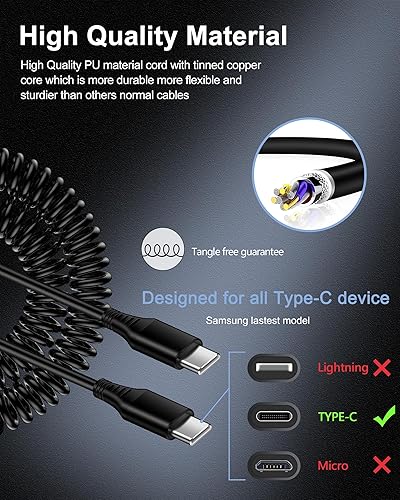 Miniatura 3 de 3+6 pies Cable USB C en espiral para iPhone 15 Pro Max15Pro15 Plus, cable Android USBC para auto USB-C a tipo C, cargador de teléfono, cable de