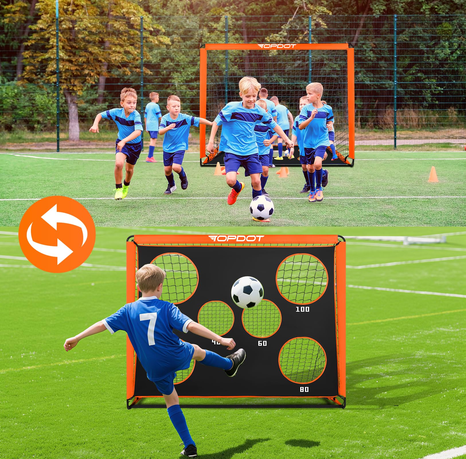 Topdot Porta da calcio per bambini, 2 in 1, pieghevole, per allenamento in cortile e giochi sportivi all'aria aperta, arancione, 150 × 120 cm