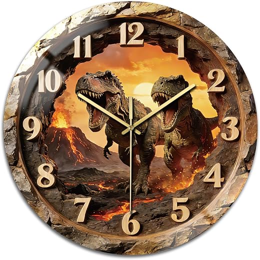 peacoblue Wall Clocks Battery Operated 12 Inch Dinosaur Glass Round Wall Clock Non Ticking for