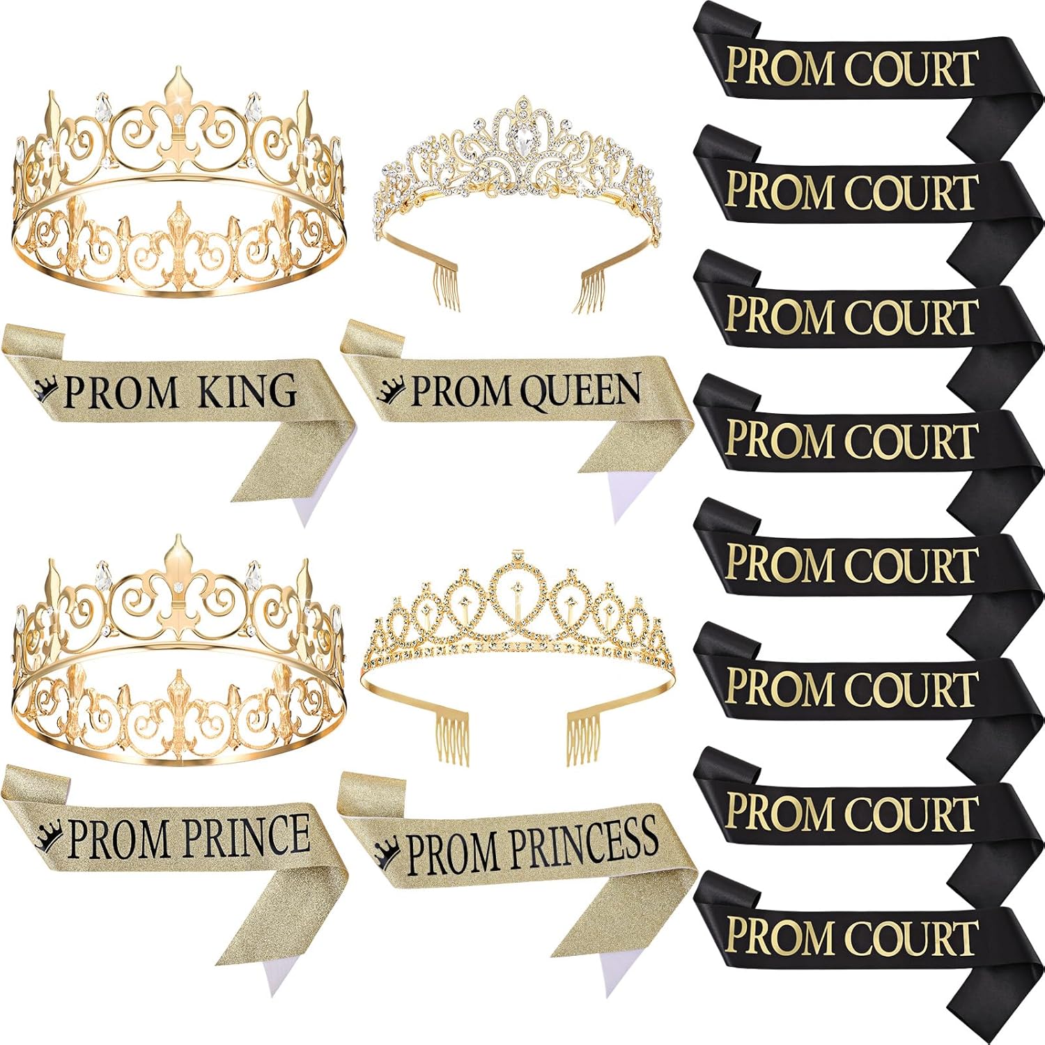 Saintrygo 16 Pcs Prom Crown and Sash Set King Prince Princess Queen Crown Court Sash for 2026 Graduation Dance Night Party