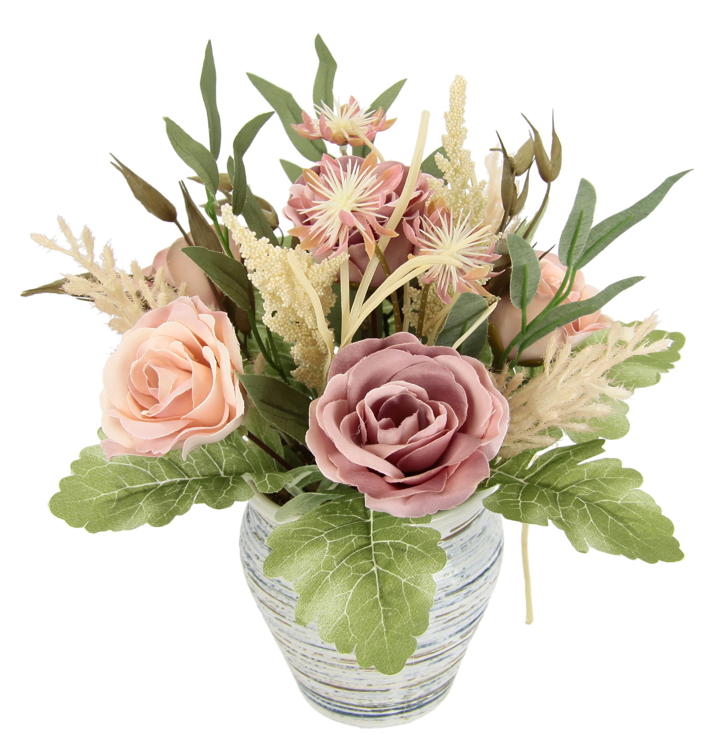 Künstliches Gesteck aus Rosen im Topf Gesteck Blumenschmuck Floristik Unechte Deko Kunstblumen Seidenblumen Hochzeitsdeko Mittelstück Tischdeko Blumendeko Tisch künstlich