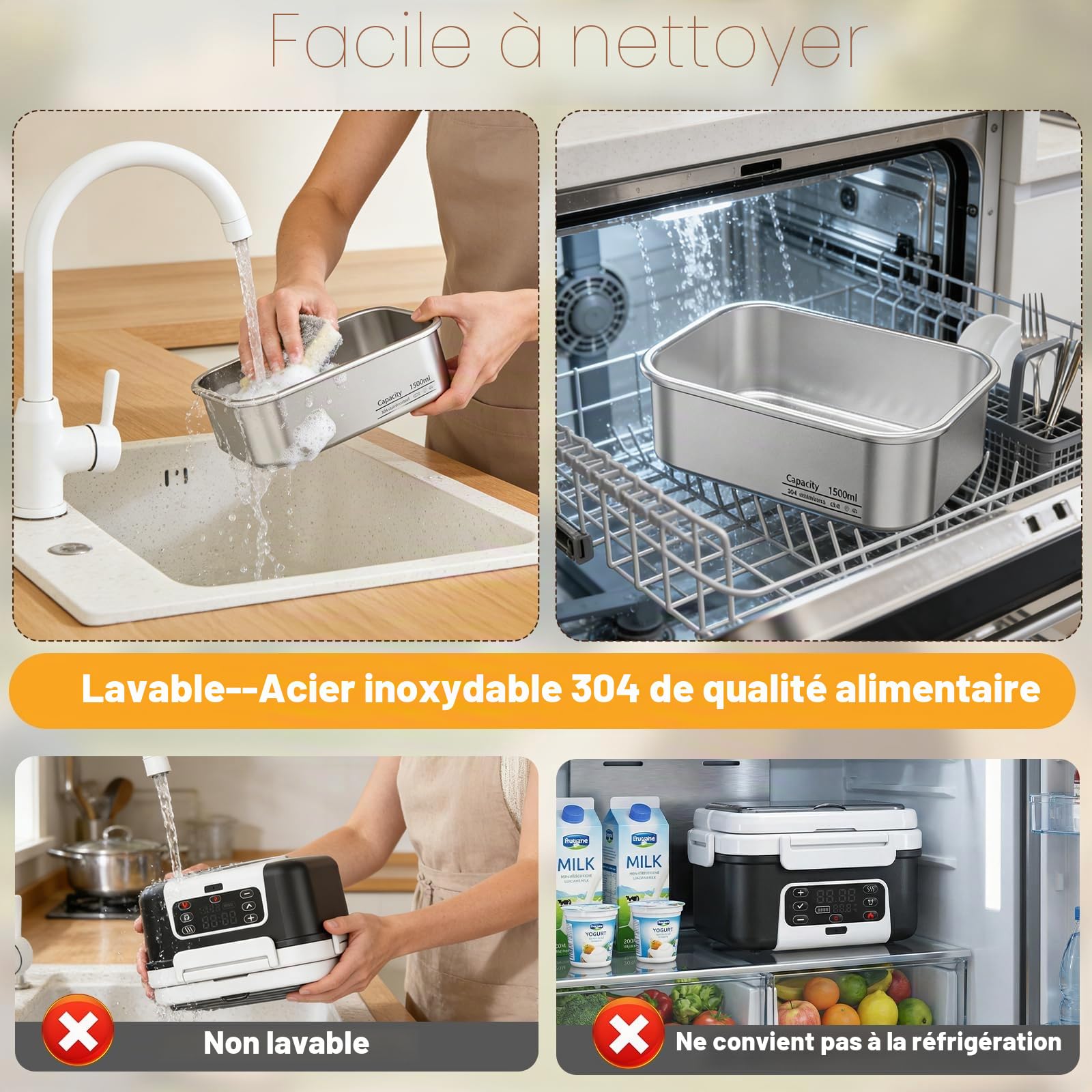 Gamelle Chauffante, 1.5L Intelligente Boîte à Lunch Chauffante avec écran Tactile, Boîte à Lunch Chauffante Sans Fil avec Vaisselle en Acier Inoxydable et Sac Isotherme, Idéale pour le Bureau