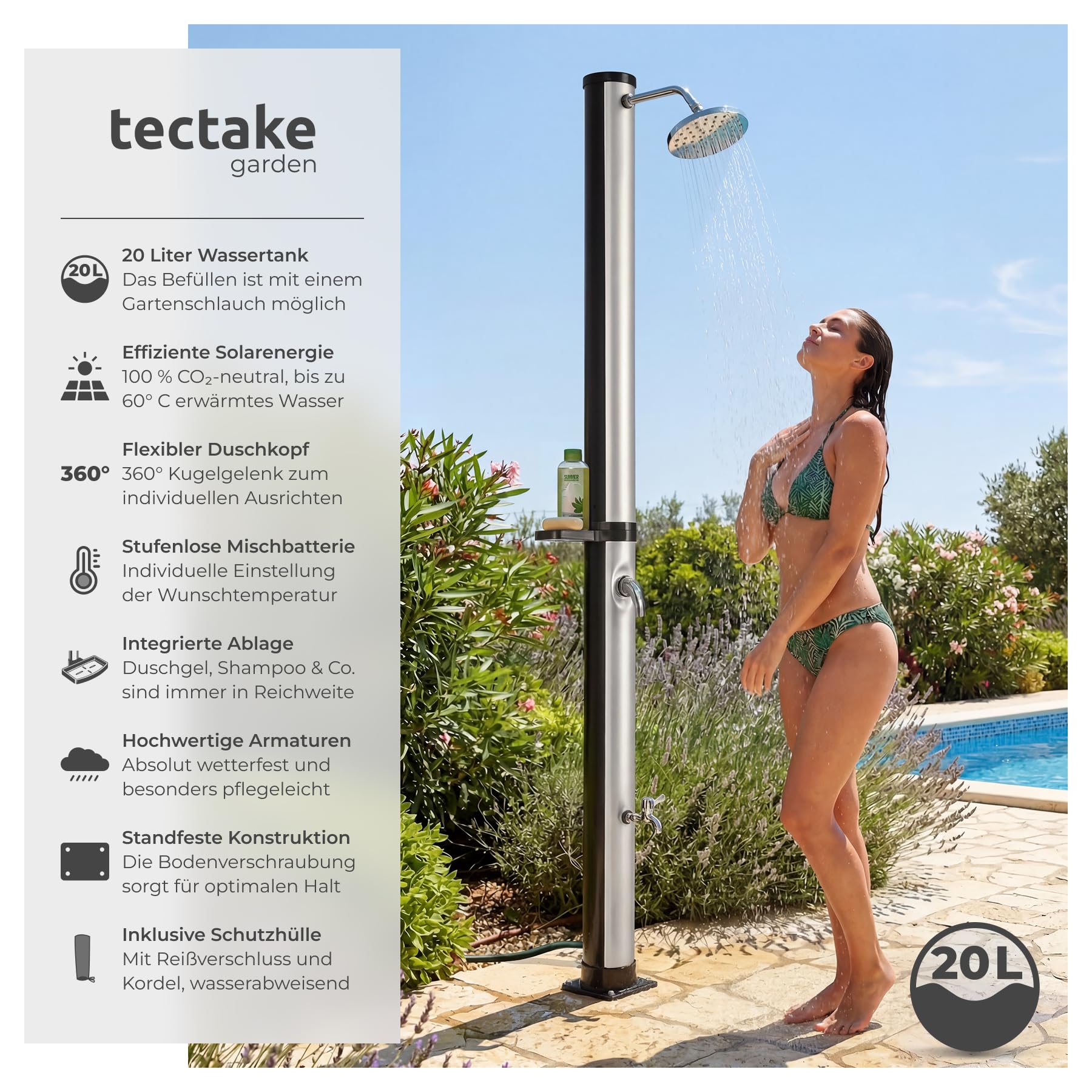 TecTake® Solardusche 20 l, bis 60° C warmes Wasser, drehbarer Regenduschkopf, Einhebelmischbatterie, Gartenschlauchanschluss, Schutzhülle, Warmwasser, Außendusche, Campingdusche - schwarz/Silber