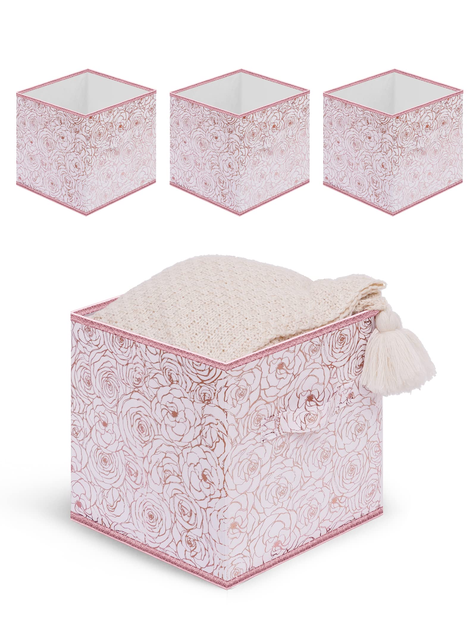 DAMAHOME Fabric Storage Cube Bins, 13x13x13 Inch Floral Cube Storage Bins, Collapsible Cubby Organizer, Decorative Shelf Basket Dual Handles For Nursery/Home Office/Closet/Kids Room/4-Pack(Flower Rosegold)