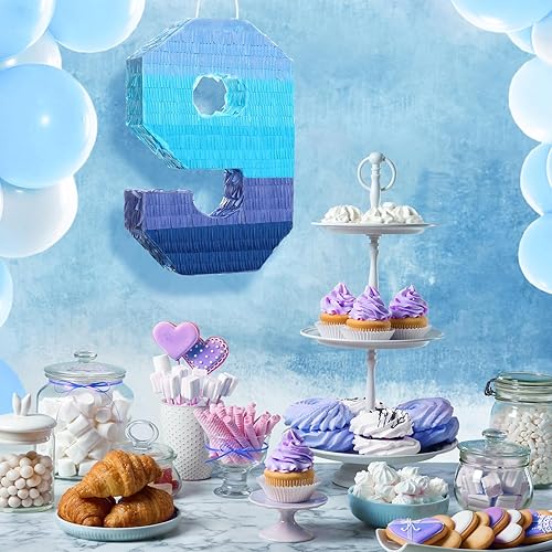 Miniatura 61 de Sratte Piñata número 1 2 3 4 5 6 7 8 9 Piñata con palo para los ojos vendados, piñata azul degradado para niños y niñas, suministros de decoración