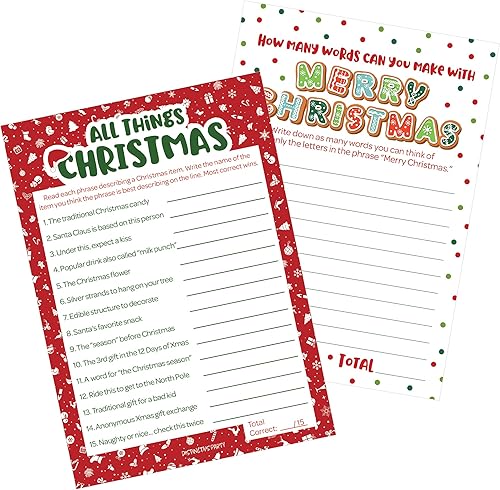 Miniatura 7 de DISTINCTIVS Juegos de fiesta de Navidad  (paquete de 2 juegos)  Prueba de palabras e imágenes  25 tarjetas de doble cara  Reunión familiar o juego