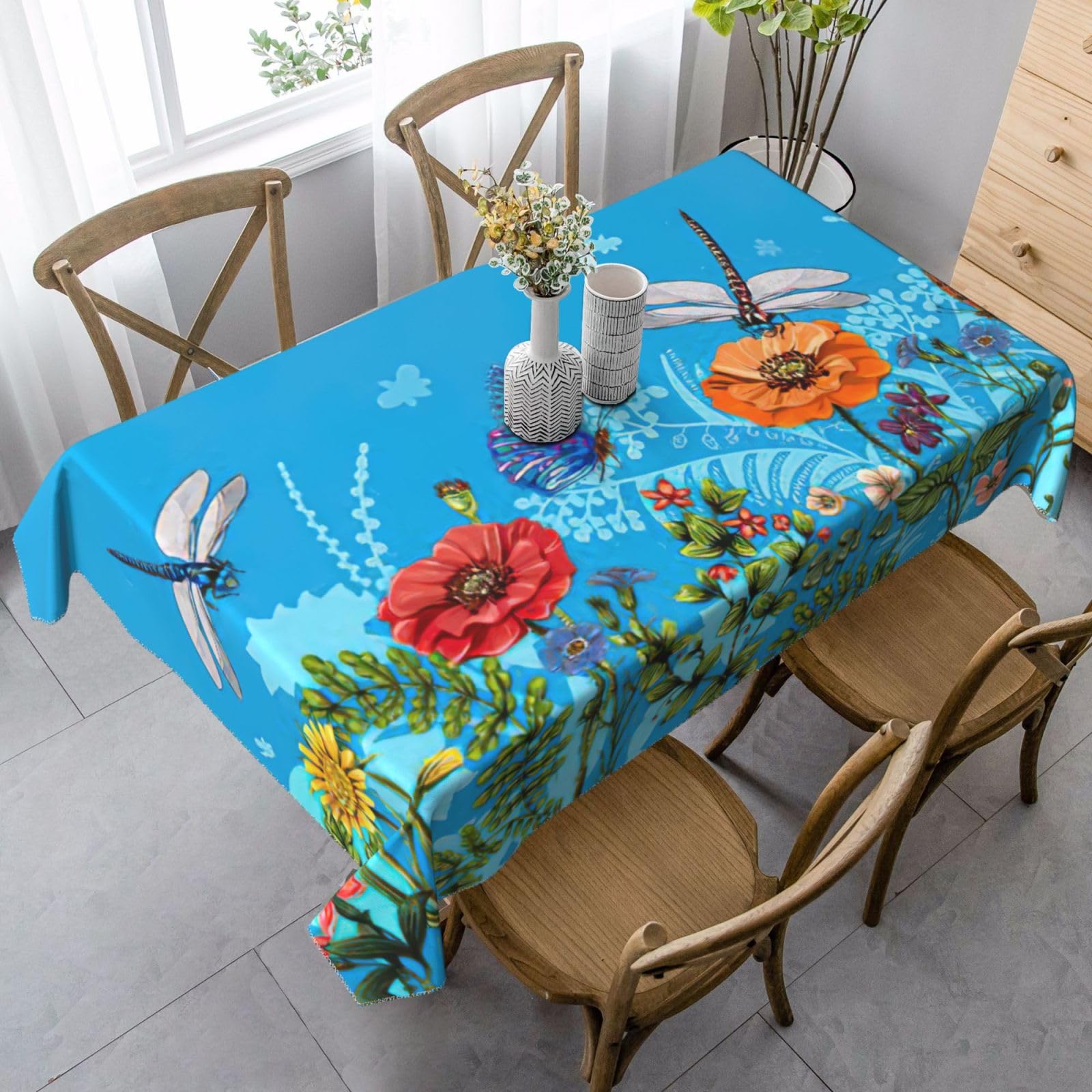 yagDAA Dragonfly And Flower Print Rectangle Tablecloth Table Cover Indoor Outdoor Dining Room Kitchen Table Cloth 140x90cm