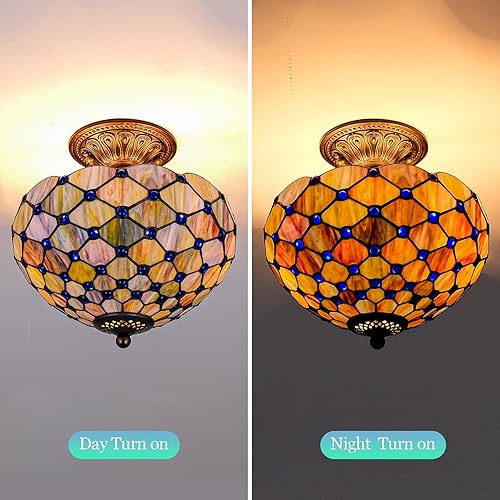 Miniatura 3 de Lámpara de techo Tiffany estilo perlas, lámpara de montaje semiempotrada de vitrales de 12 pulgadas de ancho, 11 pulgadas de alto, declaración de
