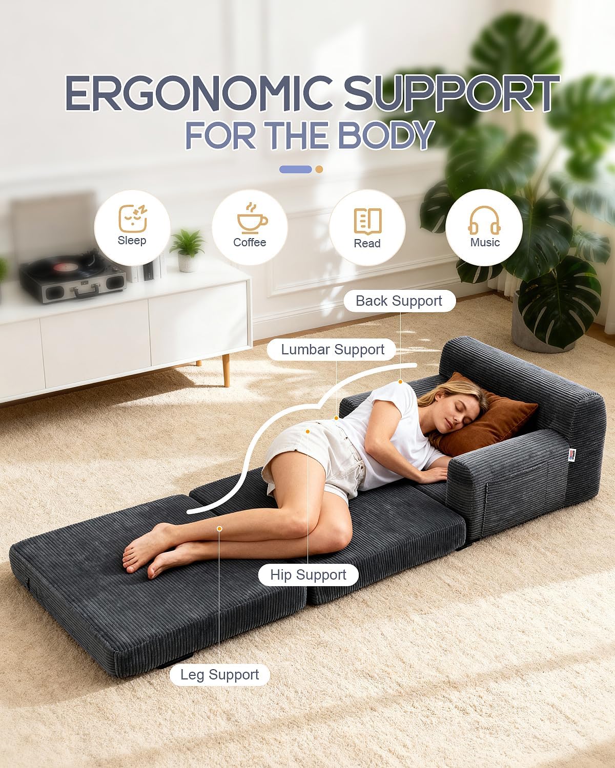 Boneless Couch Sofa Bed, Convertible Sleeper Chair with One-Piece High-Density Foam (No Lumps), Foldable Floor Mattress for Adults Guest Gaming, Non-Slip, Side Pockets, 84"x35", No Assembly