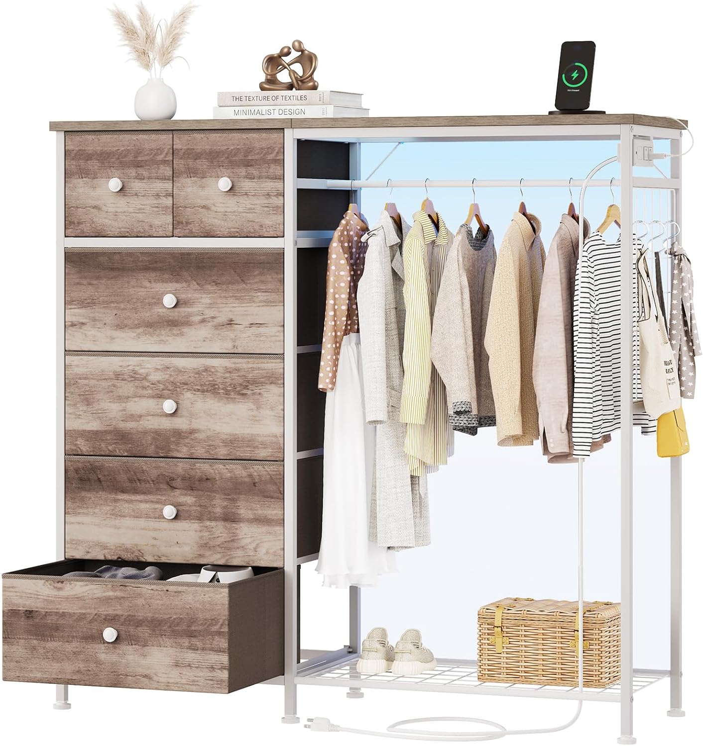 Dresser with Hanging Rack for Bedroom, 6-Drawer Chest of Drawers with LED Lights & Charging Station, Fabric Storage Dressers with Wooden Top for Living Room, Entryway, Oak Greige