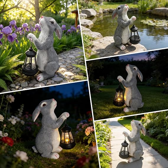 Solar Rabbit Garden Statue with Lights - Whimsical Solar Powered Bunny Figurine for Outdoor Decor, Auto On/Off Waterproof Patio, Yard, Lawn, Balcony Decorations, Unique Gift for Women & Mom