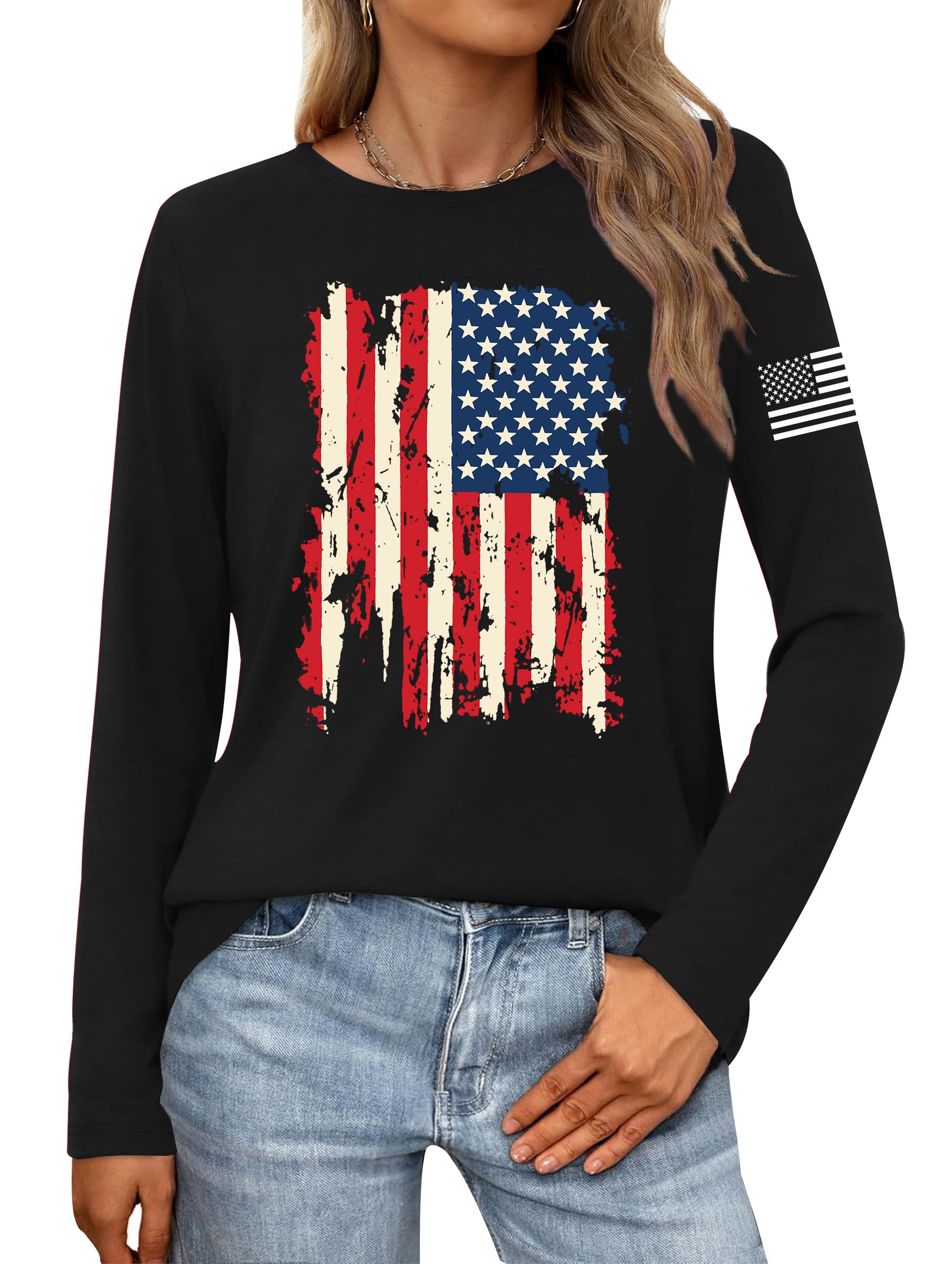 LAZYCHILD 4th of July Shirts for Women: Fourth of July T-Shirt USA American Flag Long Sleeve Patriotic Tops