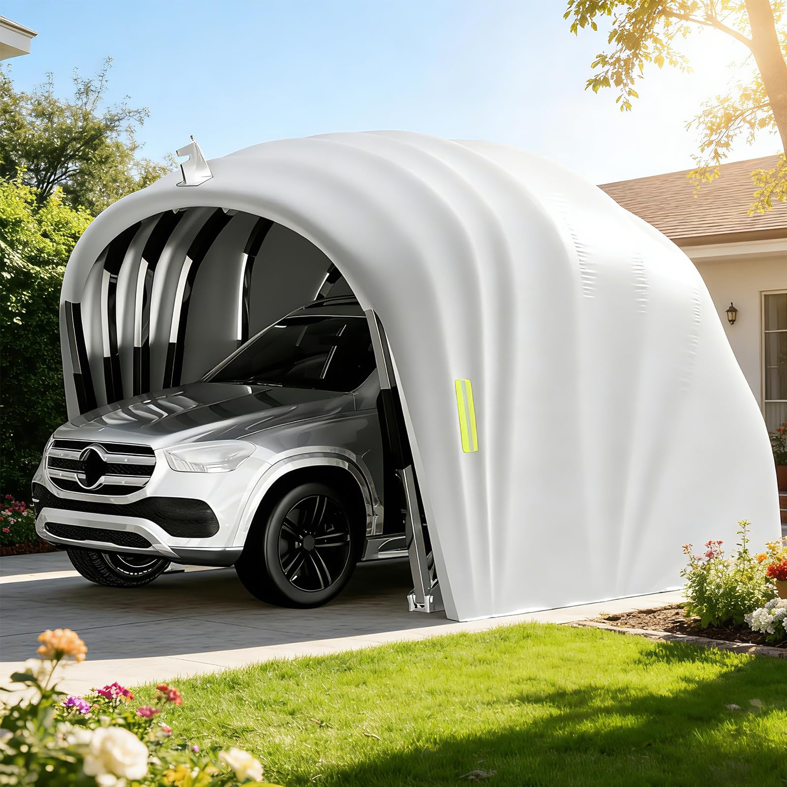 Abri de Voiture Semi-Automatique Pliable en Acier Inoxydable, Garage Mobile Extérieur L 5,9 × H 2.45 × W 2,7m, Carport Imperméable Anti-UV avec Verrou au Sol, Gris, pour Voitures SUV